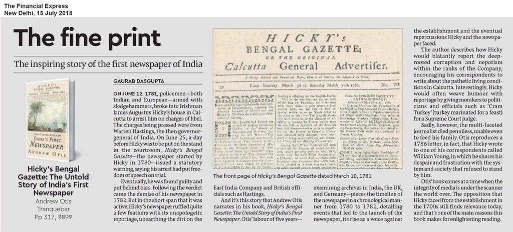 Financial Express Hicky's Bengal Gazette Andrew Otis