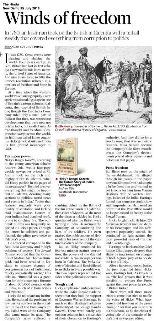 The Hindu Hicky's Bengal Gazette review Andrew Otis